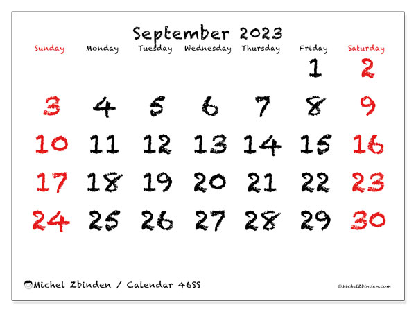 Calendar September 2023, 46SS. Free printable schedule.