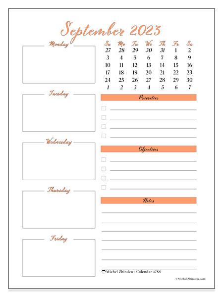 Calendar September 2023, 47SS. Free printable schedule.