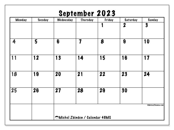 Calendar 48MS, September 2023, to print, free. Free program to print