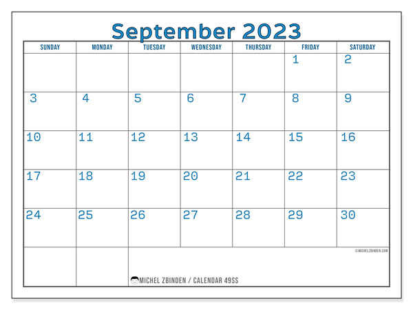 Printable calendar, September 2023, 49SS