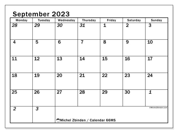 Calendar September 2023 “501”. Free printable plan.. Monday to Sunday