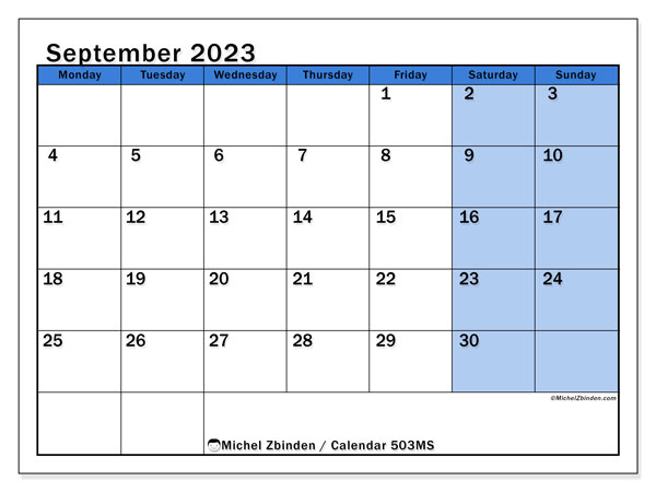 Printable calendar, September 2023, 504MS