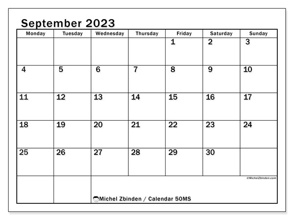 Printable calendar, September 2023, 50MS