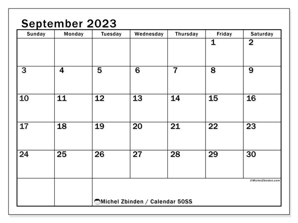 Calendar September 2023, 50SS. Free printable plan.