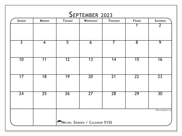 Printable calendar, September 2023, 51SS
