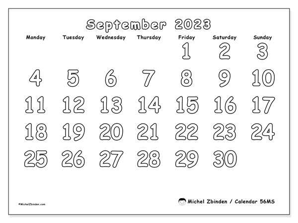 Printable calendar, September 2023, 56MS