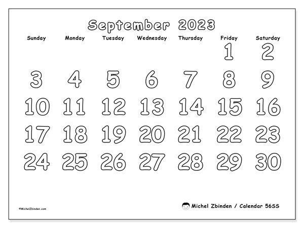 Printable September 2023 calendar. Monthly calendar “56SS” and timetable to print free