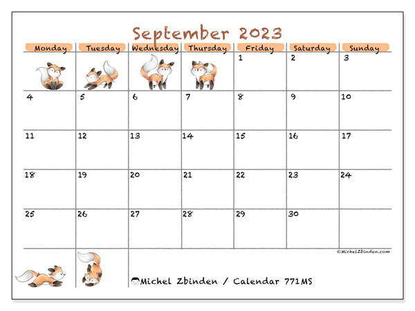 Calendar September 2023, 771MS. Free printable schedule.