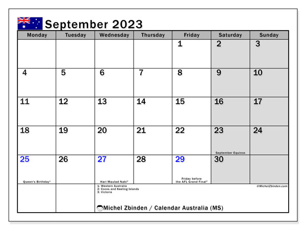 Kalendarz wrzesień 2023, Australia (EN). Darmowy program do druku.