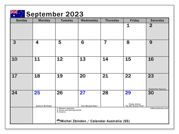 Printable calendar, September 2023, Australia (SS)