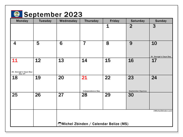 Calendario septiembre 2023, Belice (EN). Horario para imprimir gratis.