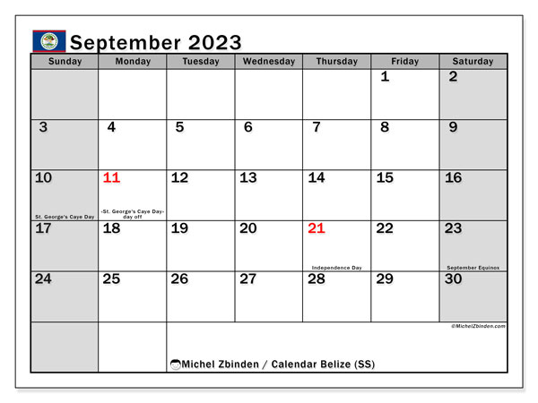 Calendário Setembro 2023 “Belize”. Jornal gratuito para impressão.. Domingo a Sábado