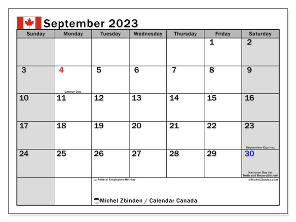 Kalendarz wrzesień 2023, Kanada (EN). Darmowy program do druku.