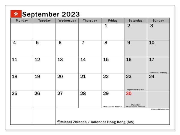 Printable calendar, September 2023, Hong Kong (MS)