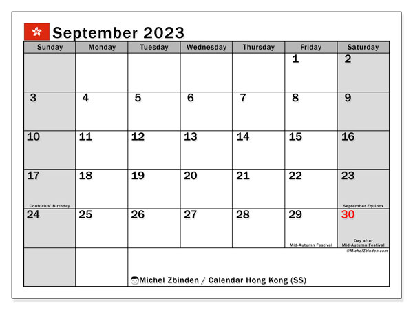 Printable calendar, September 2023, Hong Kong (SS)