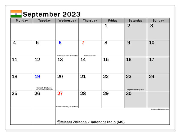 Printable calendar, September 2023, India (MS)