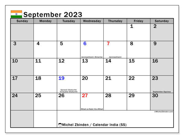 Printable calendar, September 2023, India (SS)