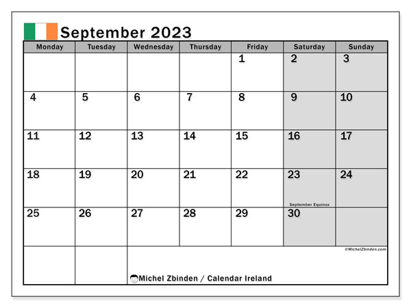 Calendrier septembre 2023, Irlande (EN), prêt à imprimer et gratuit.