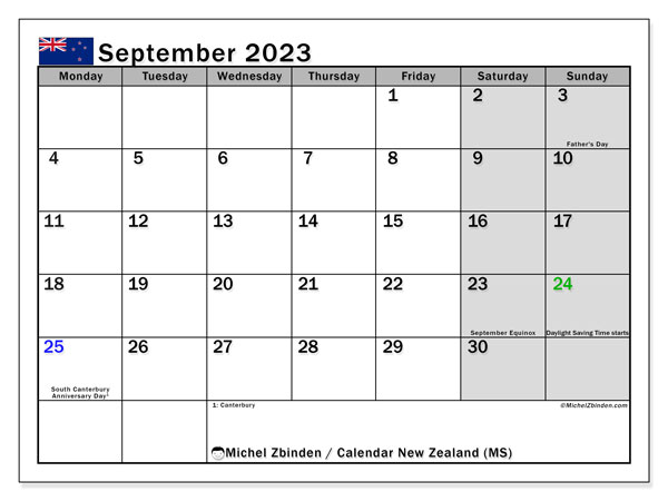 Calendario septiembre 2023, Nueva Zelanda (EN). Horario para imprimir gratis.