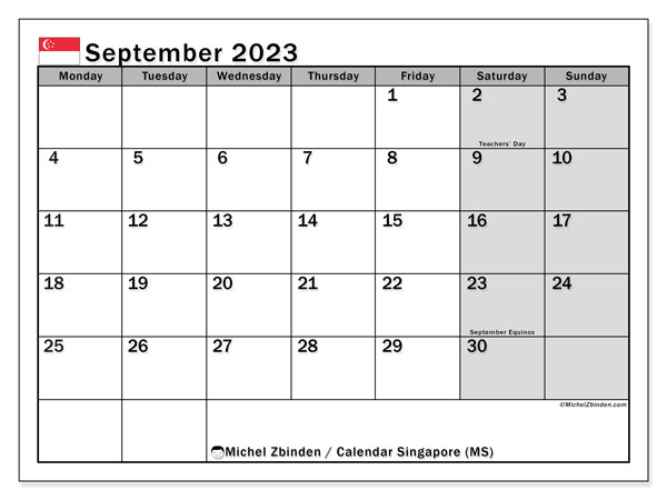 Calendário Setembro 2023 “Singapura”. Programa gratuito para impressão.. Segunda a domingo