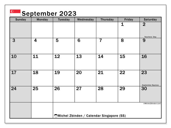 Calendar septembrie 2023, Singapore (EN). Calendar pentru imprimare gratuit.