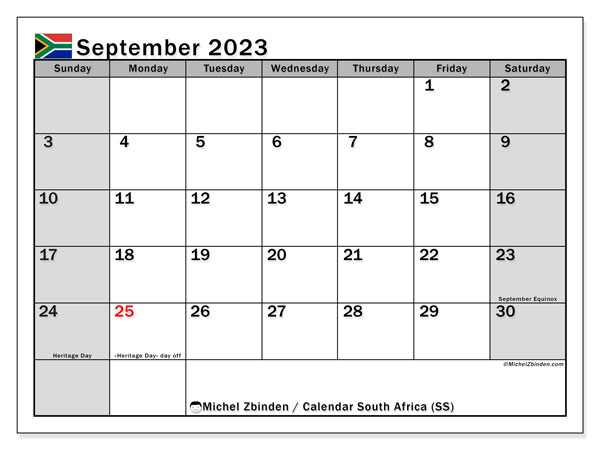 Calendario septiembre 2023, Sudáfrica (EN). Horario para imprimir gratis.