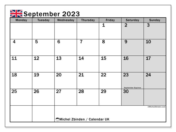 Printable calendar, September 2023, United Kingdom