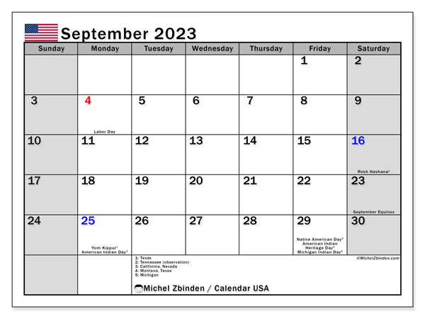 Kalender September 2023, USA (EN). Plan zum Ausdrucken kostenlos.