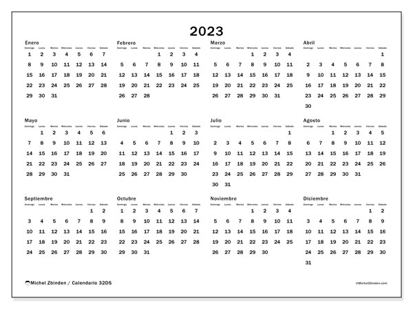 Calendario anual 2023 “32”. Programa para imprimir gratis.. De domingo a sábado