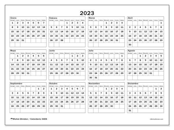 Calendario anual 2023 “34”. Calendario para imprimir gratis.. De domingo a sábado
