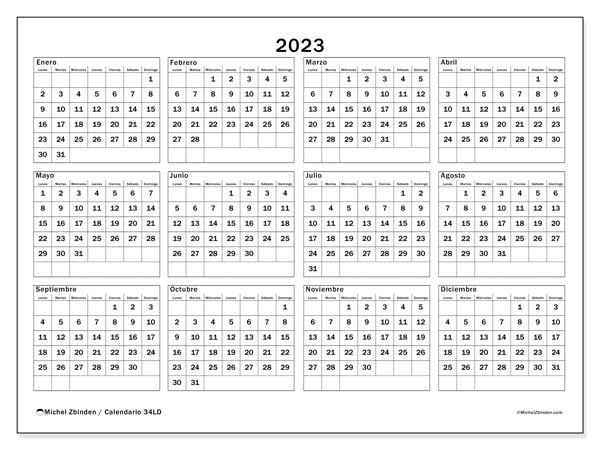 Calendario anual 2023, 34LD. Diario para imprimir gratis.