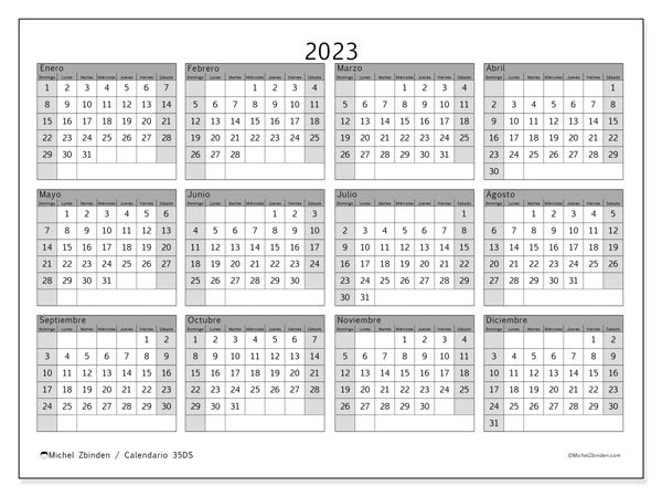 Calendario 2023 para imprimir. Calendario anual “35DS” y almanaque imprimibile