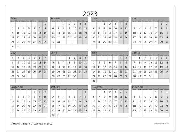 Calendario 2023 para imprimir. Calendario anual “35LD” y almanaque gratuito para imprimir