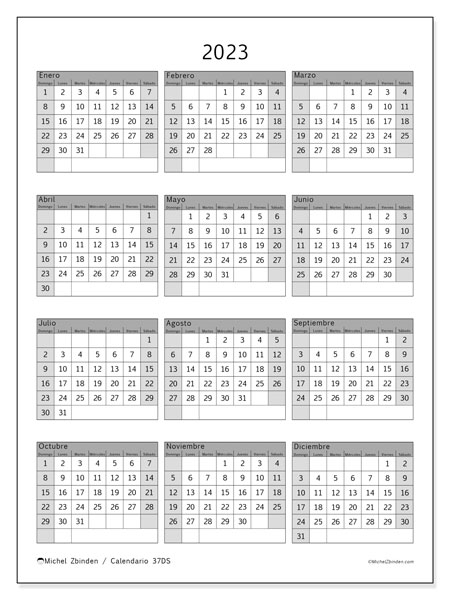 Calendario anual 2023 “37”. Programa para imprimir gratis.. De domingo a sábado