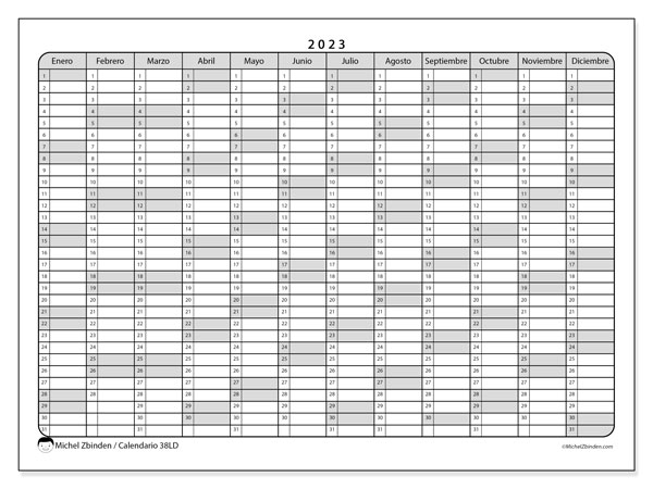 Calendario 2023 para imprimir. Calendario anual “38LD” y cronograma gratuito para imprimir