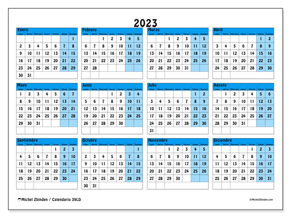 Calendario 2023 para imprimir. Calendario anual “39LD” y almanaque gratuito para imprimir