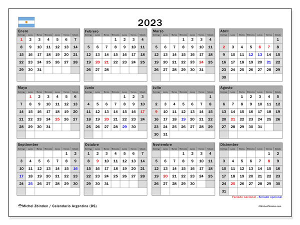Kalender 2023, Argentinien (ES). Programm zum Ausdrucken kostenlos.