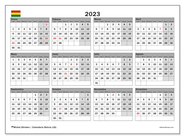 Calendario “Bolivia (LD)” para imprimir, con festivos. Calendario anual 2023 y cronograma para imprimer gratis