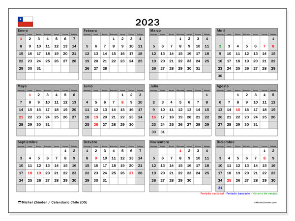 Calendario “Chile (DS)” para imprimir, con festivos. Calendario anual 2023 y agenda para imprimer gratis