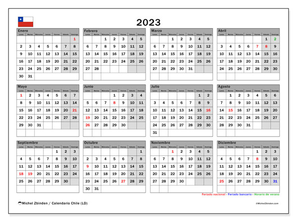 Kalender 2023, Chile (ES). Programm zum Ausdrucken kostenlos.
