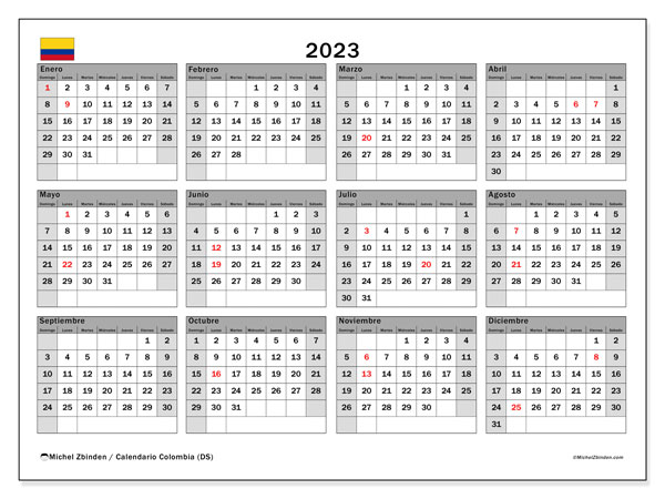 Calendario con los días festivos de Colombia, 2023, para imprimir, gratis. Programa imprimible gratuito