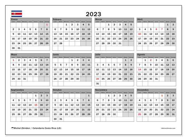 Calendario “Costa Rica (LD)” para imprimir, con festivos. Calendario anual 2023 y planificación imprimibile