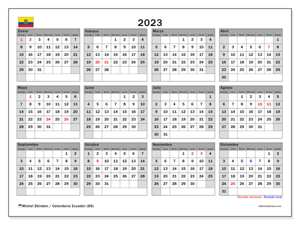 Calendario con los días festivos de Ecuador, 2023, para imprimir, gratis. Horario imprimible gratis