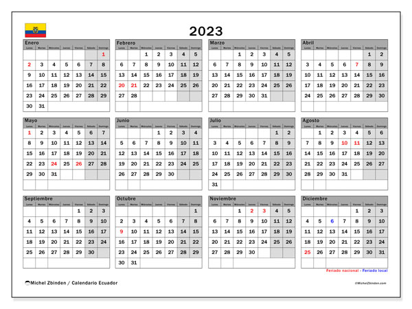 Calendario con los días festivos de Ecuador, 2023, para imprimir, gratis. Planificación imprimible gratuita