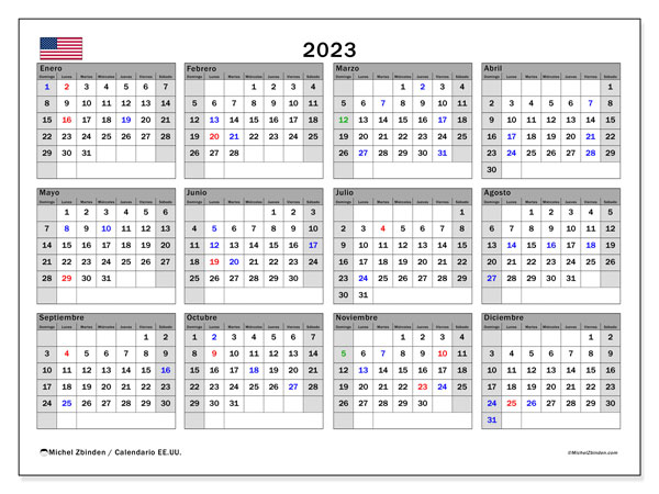 Calendario “Estados Unidos” para imprimir, con festivos. Calendario anual 2023 y almanaque para imprimer gratis
