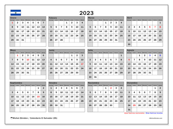 Calendário 2023, El Salvador (ES). Programa gratuito para impressão.
