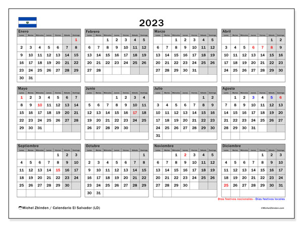 Calendario “El Salvador (LD)” para imprimir, con festivos. Calendario anual 2023 y cronograma imprimibile