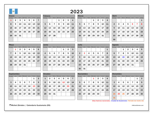 Calendario anual 2023 “Guatemala”. Programa para imprimir gratis.. De domingo a sábado