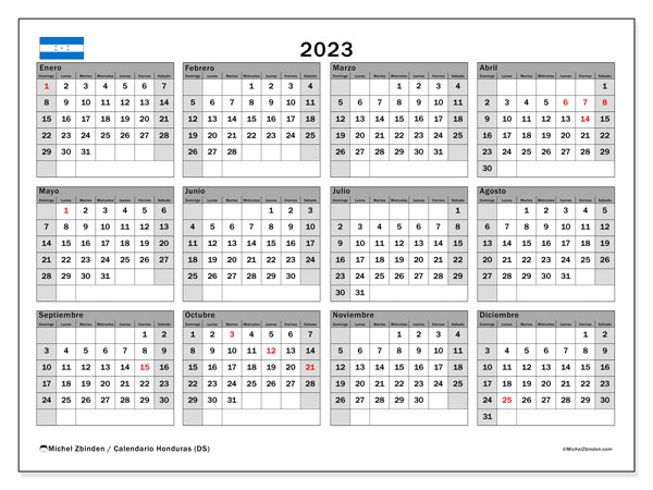 Calendario “Honduras (DS)” para imprimir, con festivos. Calendario anual 2023 y agenda imprimibile
