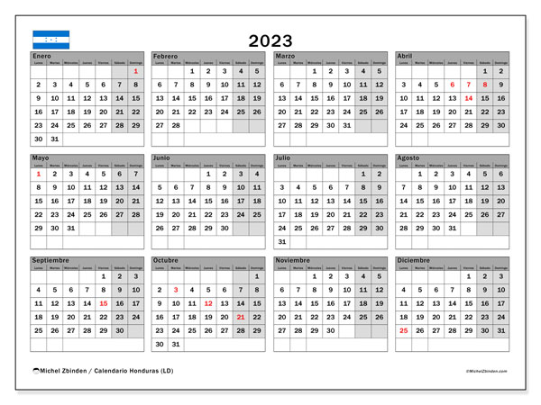 Calendario “Honduras (LD)” para imprimir, con festivos. Calendario anual 2023 y almanaque imprimibile